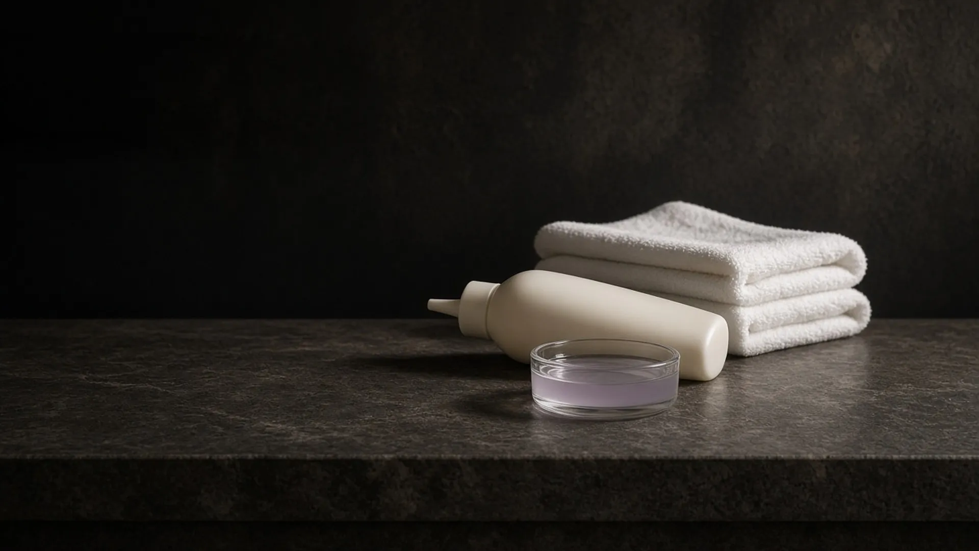 A squeeze bottle and folded towel beside a clear unlabeled glass dish of pale lilac liquid