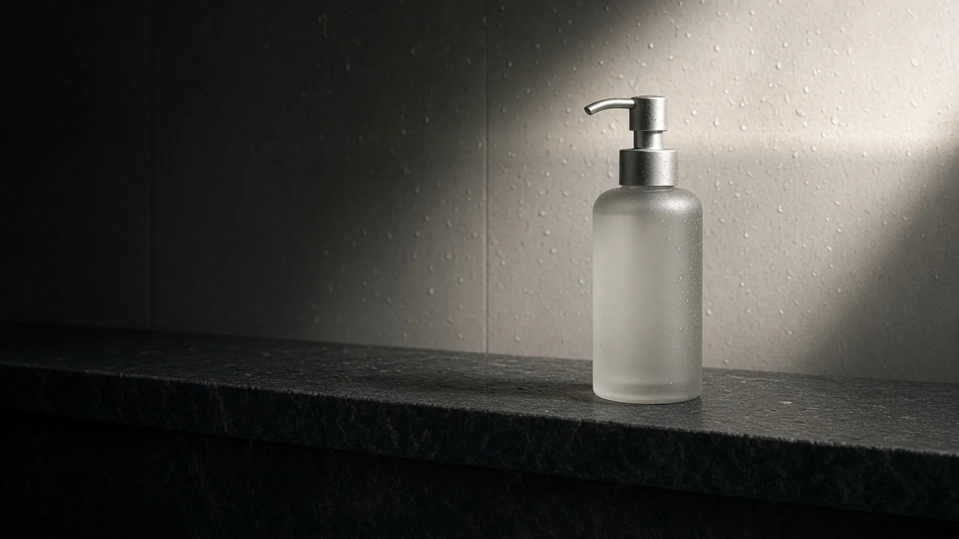 A plain unlabeled pump bottle on a shower ledge with water droplets on pale tile